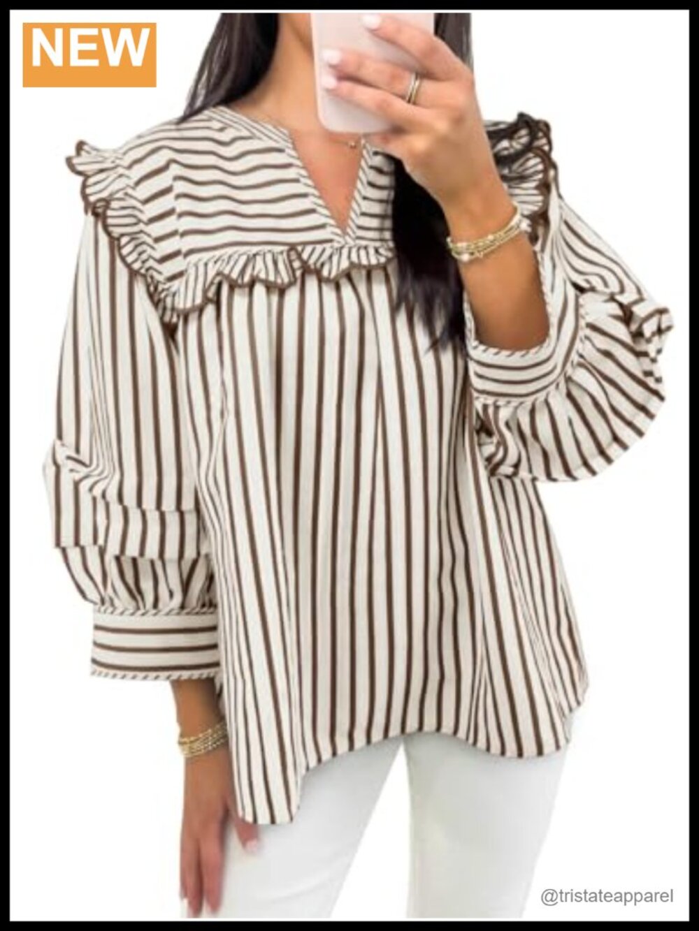 Striped Babydoll Blouse V-Neck Puff Sleeve Ruffle Top Women's Blouse
